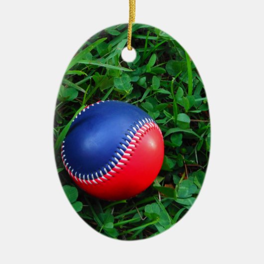 Rood- en blauw Baseball met witte onderdruk Keramisch Ornament (Voorkant)