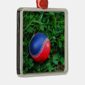 Rood- en blauw Baseball met witte onderdruk Metalen Ornament (Rechts)