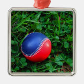 Rood- en blauw Baseball met witte onderdruk Metalen Ornament (Voorkant)