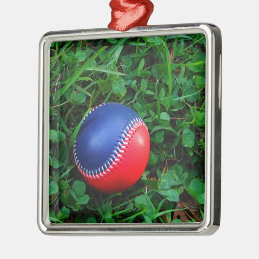 Rood- en blauw Baseball met witte onderdruk Metalen Ornament (Links)