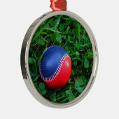 Rood- en blauw Baseball met witte onderdruk Metalen Ornament (Rechts)