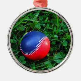Rood- en blauw Baseball met witte onderdruk Metalen Ornament
