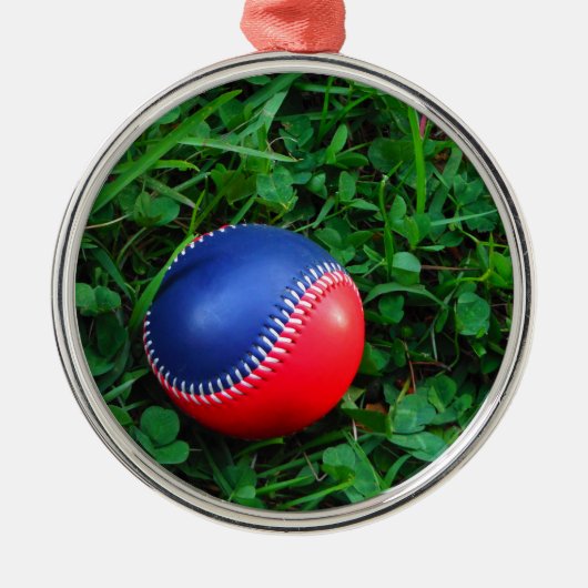 Rood- en blauw Baseball met witte onderdruk Metalen Ornament (Voorkant)