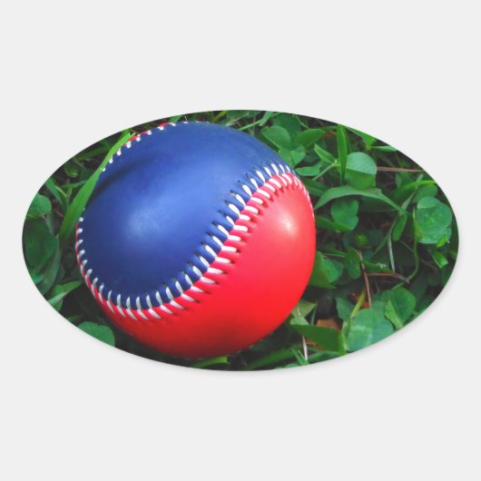 Rood- en blauw Baseball met witte onderdruk Ovale Sticker (Voorkant)