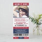 Rood- en blauw Baseball Ticket Birthday Invitae Kaart (Staand voorkant)