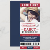 Rood- en blauw Baseball Ticket Birthday Invitae Kaart (Voorkant / Achterkant)