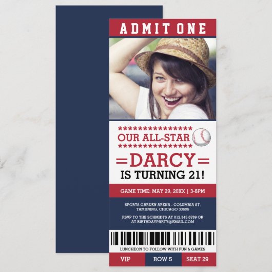 Rood- en blauw Baseball Ticket Birthday Invitae Kaart (Voorkant / Achterkant)
