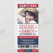 Rood- en blauw Baseball Ticket Birthday Invitae Kaart (Voorkant)