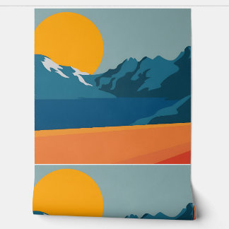 Rood en blauw berglandschap - Retro Outdoor Adve Behang