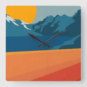 Rood en blauw berglandschap - Retro Outdoor Adve Vierkante Klok