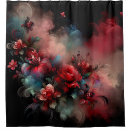 Rood en Blauw Bloemen Abstract op Zwarte Achtergro Douchegordijn