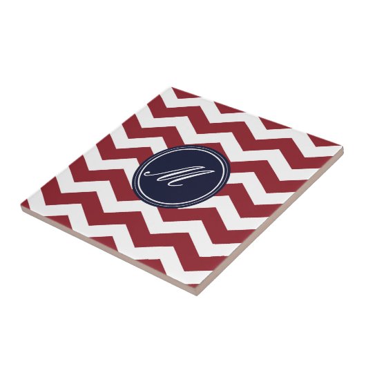 Rood en blauw Chevron met Monogram Tiles Tegeltje (Zijkant)