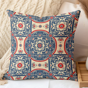 Rood en Blauw Chinoiserie Chinees Tegelpatroon Kussen