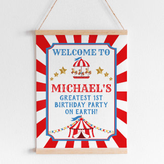 Rood en blauw Circus Carnival Birthday Welkomsttek Poster
