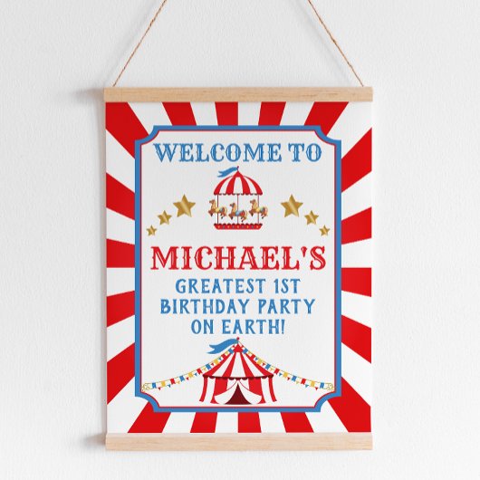 Rood en blauw Circus Carnival Birthday Welkomsttek Poster