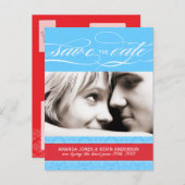 Rood en Blauw Damast Save the Date Aankondigingskaart (Voorkant / Achterkant)