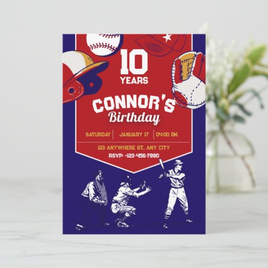 Rood en blauw geïllustreerd honkbal verjaardagsfee kaart (Staand voorkant)