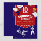 Rood en blauw geïllustreerd honkbal verjaardagsfee kaart (Voorkant / Achterkant)