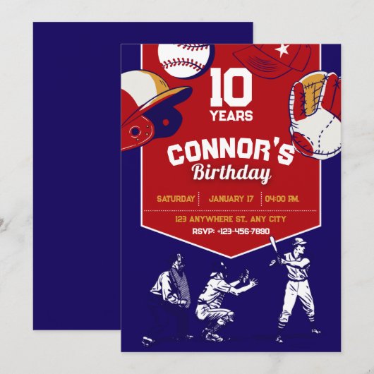 Rood en blauw geïllustreerd honkbal verjaardagsfee kaart (Voorkant / Achterkant)