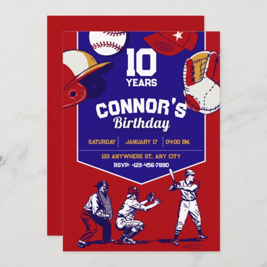 Rood en blauw geïllustreerd honkbal verjaardagsfee kaart (Voorkant / Achterkant)
