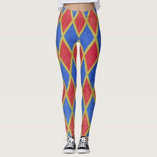 Rood en blauw geometrisch harlequin-diamantpatroon leggings (Voorkant)