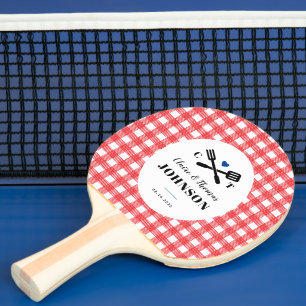Rood en Blauw Gingham Grill Monogram Bruiloft Tafeltennisbatje
