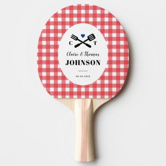 Rood en Blauw Gingham Grill Monogram Bruiloft Tafeltennisbatje (Voorkant)