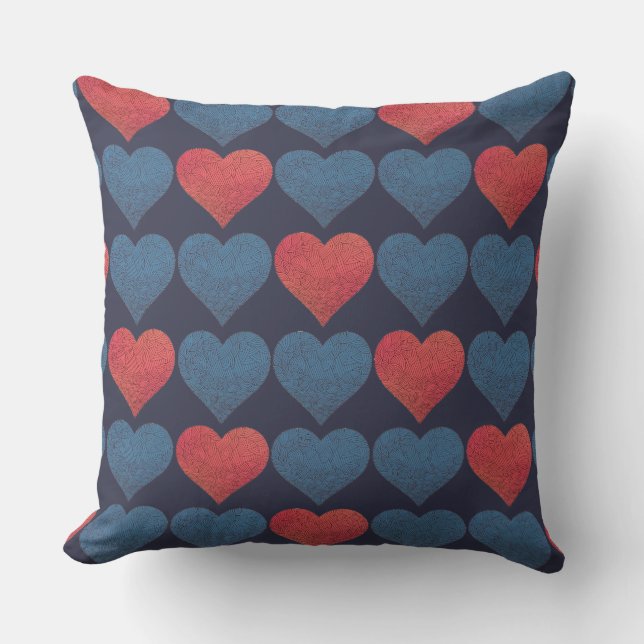 Rood en Blauw Hartjes Patroon Kussen (Voorkant)
