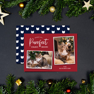 Rood en blauw Kat Face Purrfect Holiday-fotokaart Feestdagenkaart