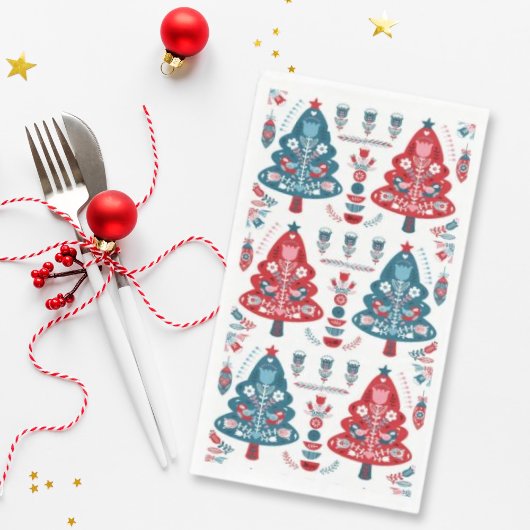 Rood en Blauw Kerstboom Bloemen Noords Patroon Servet
