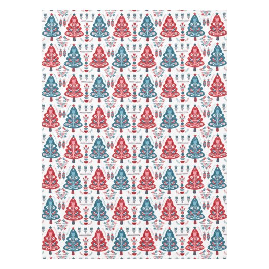 Rood en Blauw Kerstboom Folk Art Scandinavisch Tafelkleed (Voorkant)