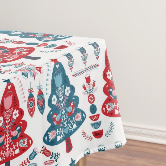 Rood en Blauw Kerstboom Folk Art Scandinavisch Tafelkleed (Voorbeeld)