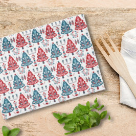 Rood en Blauw Kerstboom Folk Art Scandinavisch Theedoek