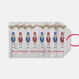 Rood- en blauw kerstreckers op bijtende schuur cadeaulabel
