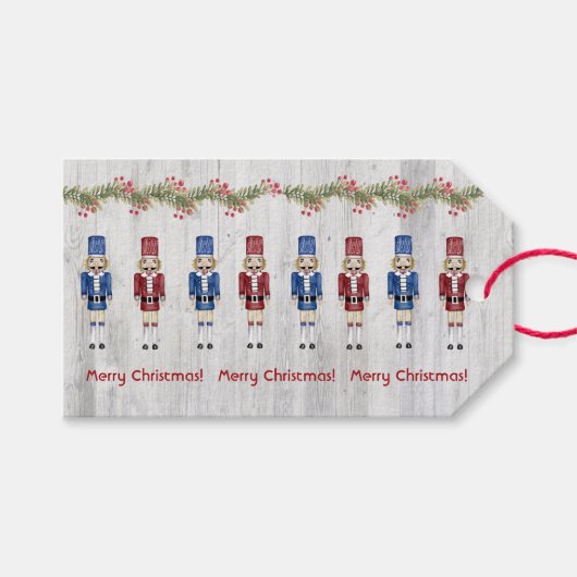 Rood- en blauw kerstreckers op bijtende schuur cadeaulabel (Voorkant (Horizontaal))