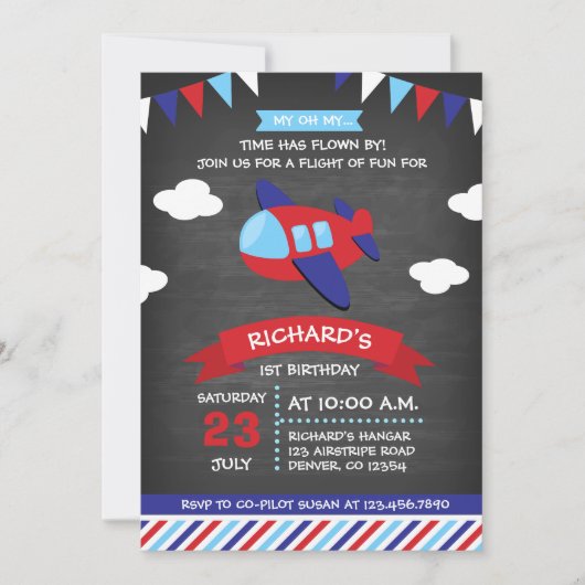 Rood en Blauw Krijtbord Vliegtuig Verjaardagsfeest Kaart (Voorkant)