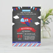 Rood en Blauw Krijtbord Vliegtuig Verjaardagsfeest Kaart (Staand voorkant)