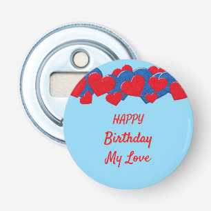Rood en Blauw Liefde Harten op lichtblauwe achterg Button Flesopener