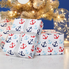 Rood en Blauw Nautisch Ankerspatroon Cadeaupapier