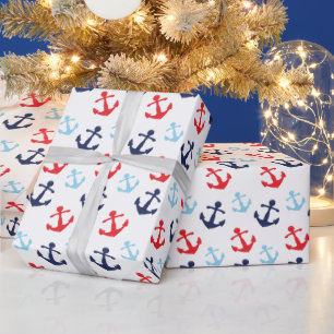 Rood en Blauw Nautisch Ankerspatroon Cadeaupapier