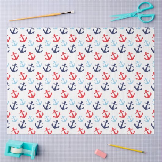 Rood en Blauw Nautisch Ankerspatroon Tissuepapier (Craft)