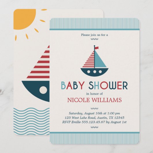 Rood en blauw nautisch Baby shower Kaart (Voorkant / Achterkant)