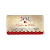 Rood en Blauw Papier Kranen Scallop Patroon Bruilo Etiket (Voorkant)