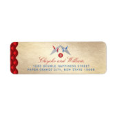 Rood en Blauw Papier Kranen Scallop Patroon Bruilo Etiket (Voorkant)