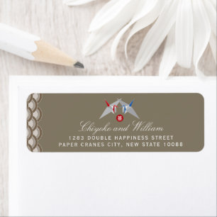 Rood en Blauw Papier Kranen Scallop Patroon Bruilo Etiket
