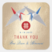 Rood- en blauw papierkranen dubbelgeluksbruiloft vierkante sticker (Voorkant)