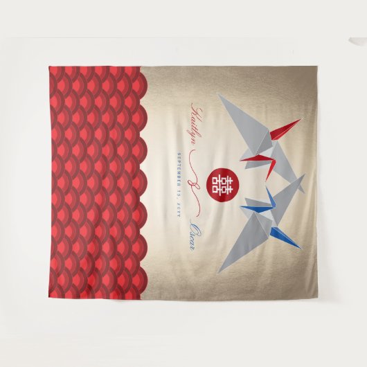 Rood- en blauw papierkranen dubbelgeluksbruiloft wandkleed (Voorkant (horizontaal))