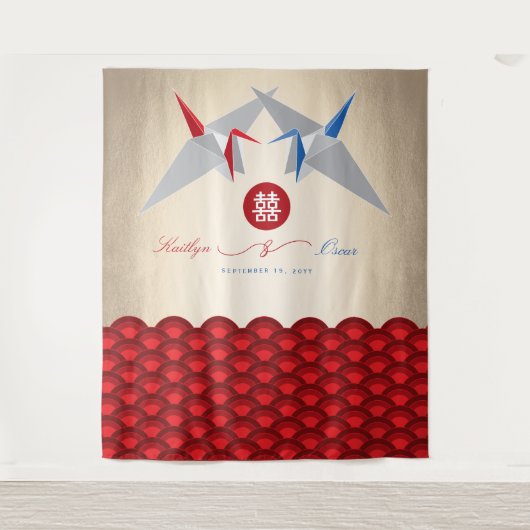 Rood- en blauw papierkranen dubbelgeluksbruiloft wandkleed (Voorkant)