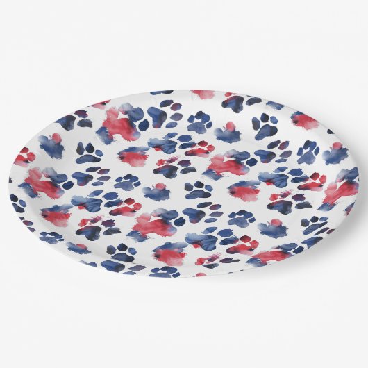 Rood en Blauw Paw 4th Juli Bord (Gekanteld)