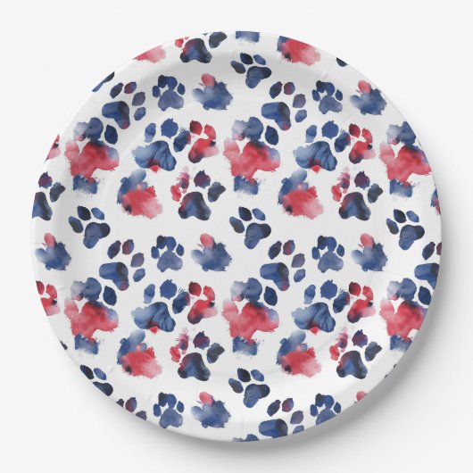 Rood en Blauw Paw 4th Juli Bord (Voorkant)